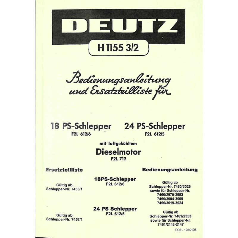 Bedienungsanleitung und Ersatzteilliste für 18/24 PS-Schlepper, gebruiksaanwijzing en onderdelen lijst